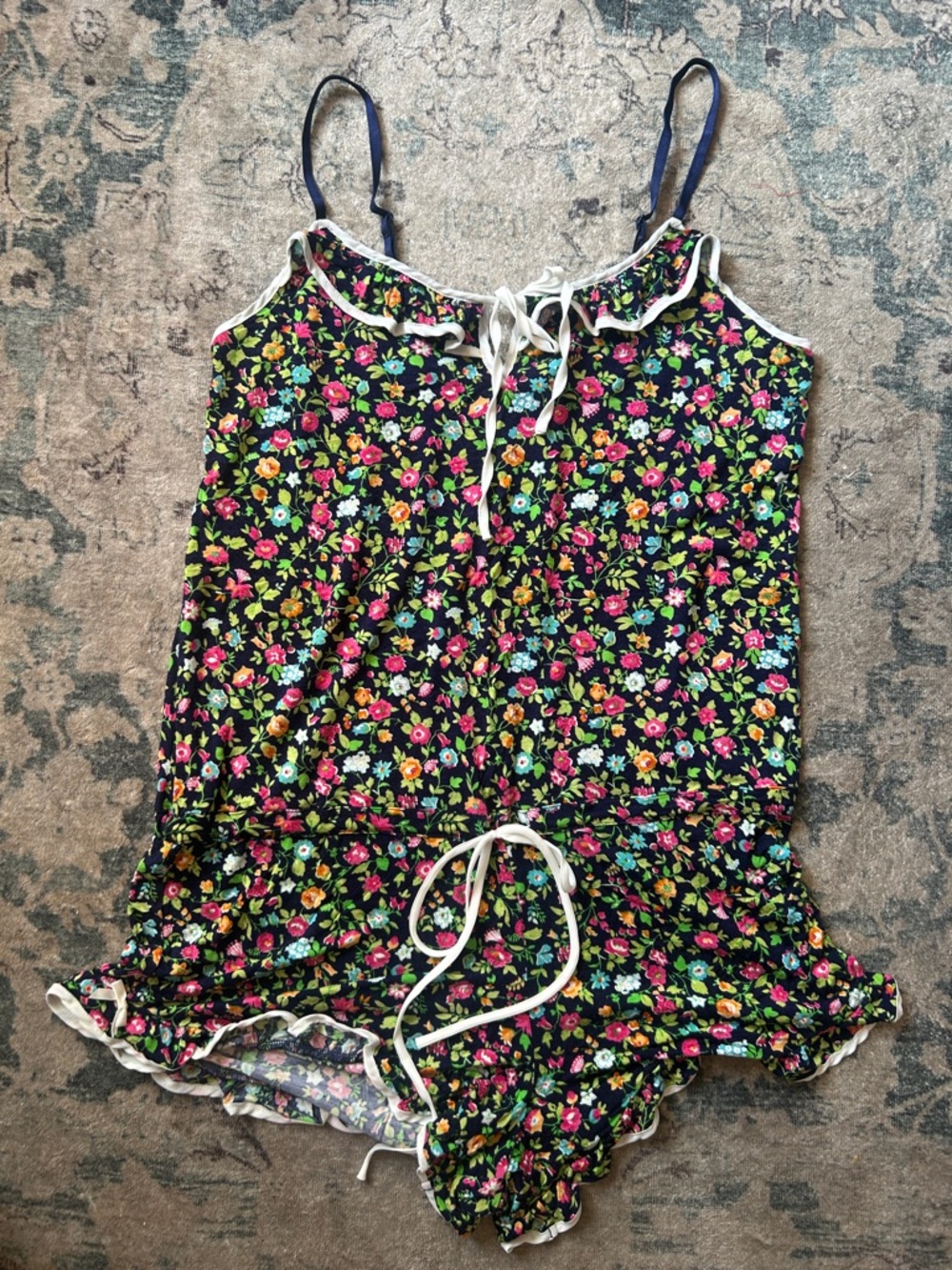 Betsey Johnson Black Floral Ruffle-Trim Pajama Romper with Navy Straps